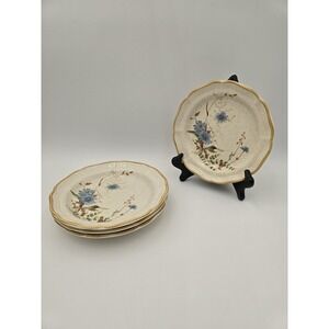 Set of 4 Mikasa Stoneware Salad Plates Blue Daisies Pattern #EB 804 Japan Vtg